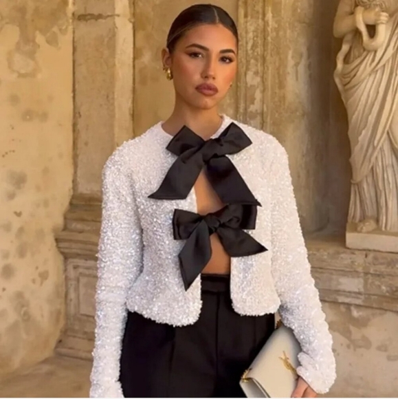 H&M viral white sequin black bow ribbon tie front cardigan sweater - Picture 9 of 16